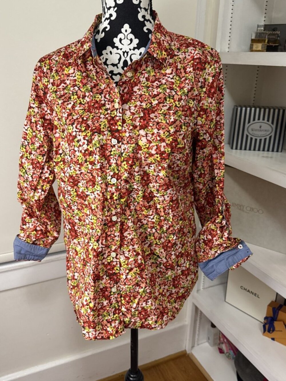 Talbots Petites Ditsy Floral Print Roll-Tab Sleeve Contrast Cuff Button-Up 12P